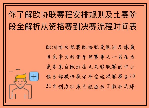 你了解欧协联赛程安排规则及比赛阶段全解析从资格赛到决赛流程时间表详解